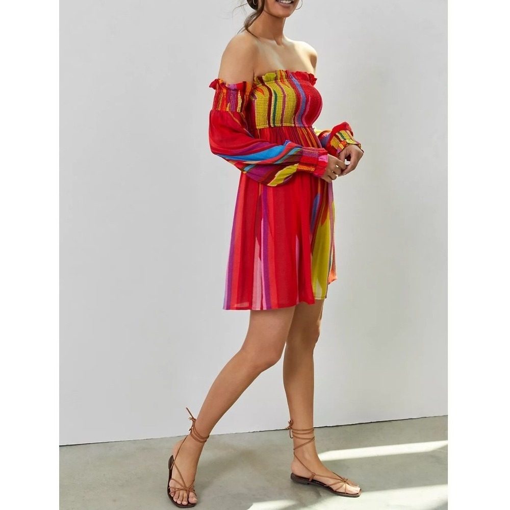 NWT Anthropologie Off-The-Shoulder Mini Dress Womens MP Red Multi Smocked Stripe